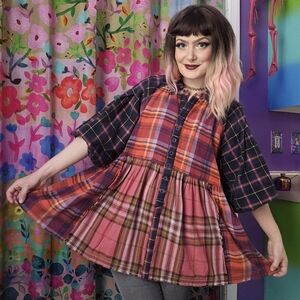 Free People Moon Bay Mixed Plaid Flannel  Mini Shirt Dress / Top In Berry SIZE S